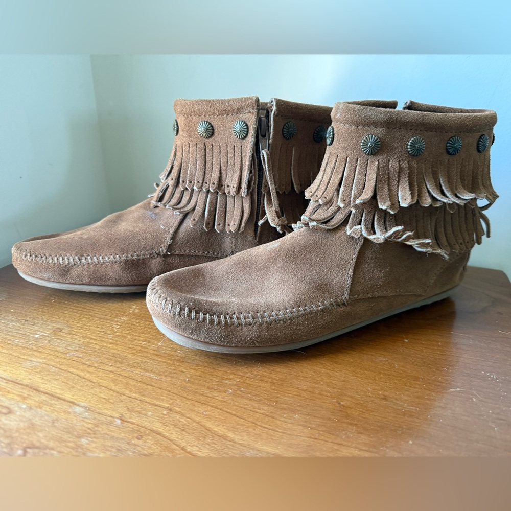 Minnetonka Brown Suede Fringe Ankle Booties with Concho Studs